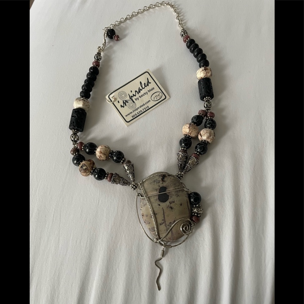 Necklace made of siltstone, lava, rhodonite and silver